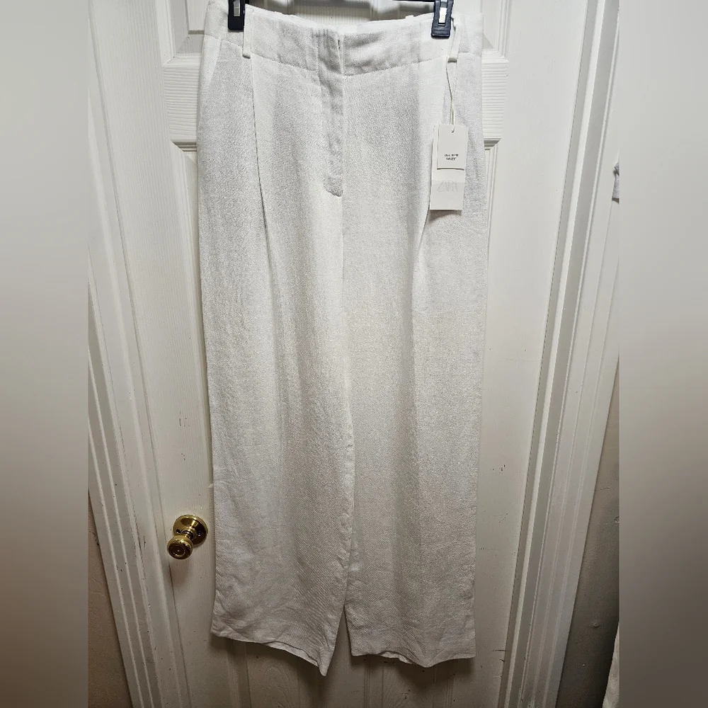 ZARA Ivory Linen Blend Wide Leg Pants Size S NWT High Waist Flowy Pockets Chic